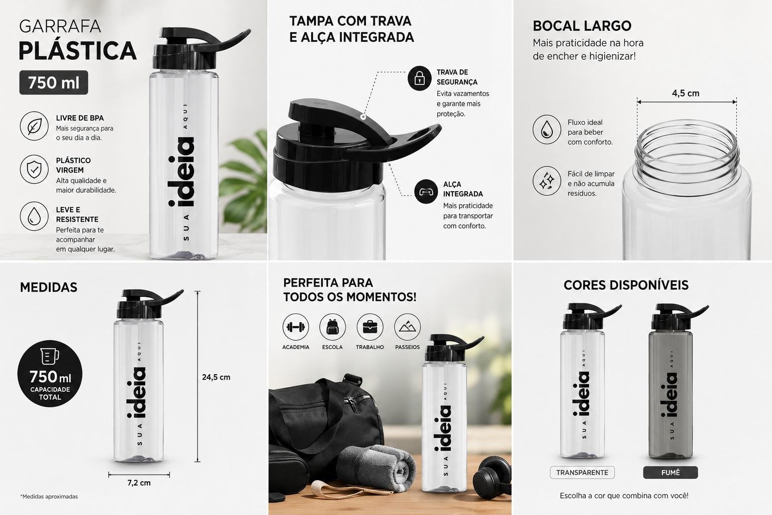 Kit 220 Squeeze 750ml Transparente Personalizado Tampa Preta 6 Kit 220 Squeeze 750ml Transparente Personalizado Tampa Preta - Imagem 6